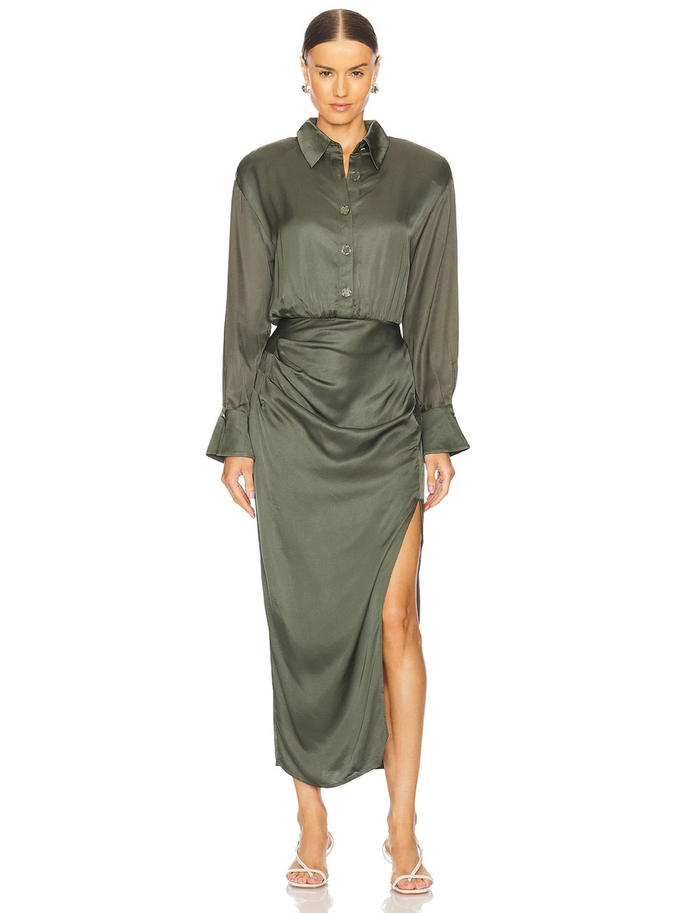 ASTR the Label Elizabello Satin Midi Shirt Dress Moss Olive Green Medium M NWOT